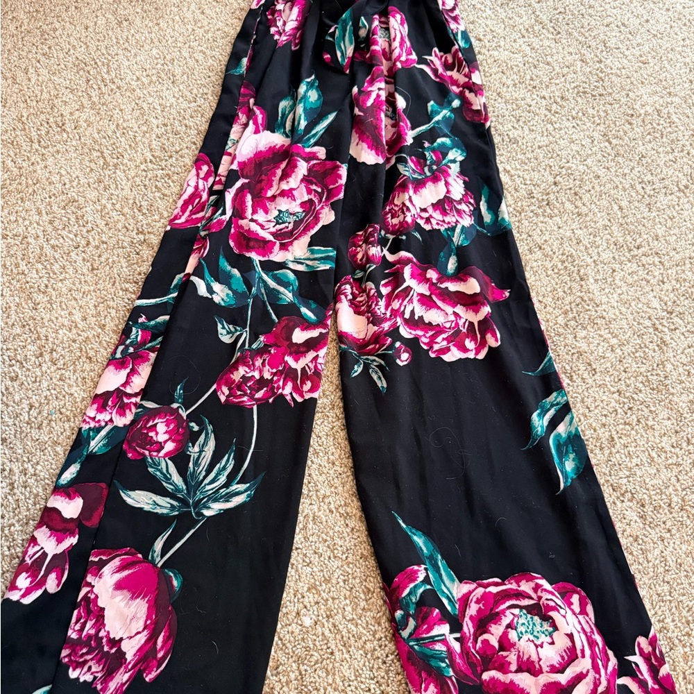Charlotte Russe Black and Pink Floral Wide Leg Pants